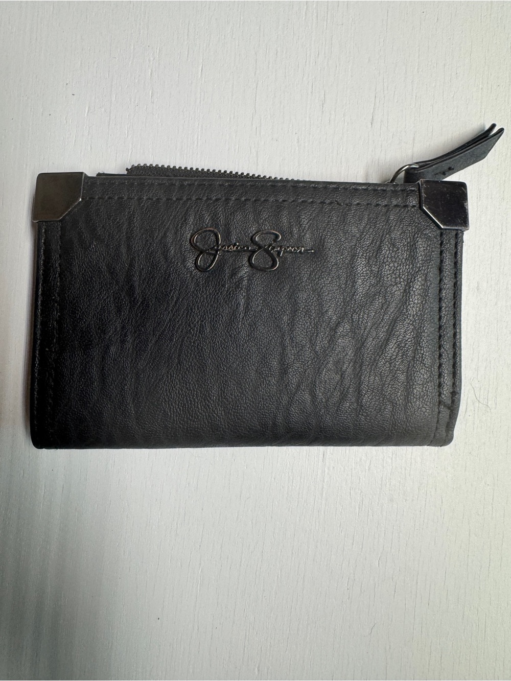 Jessica Simpson Black Leather Zip Card Case with Metal Corners